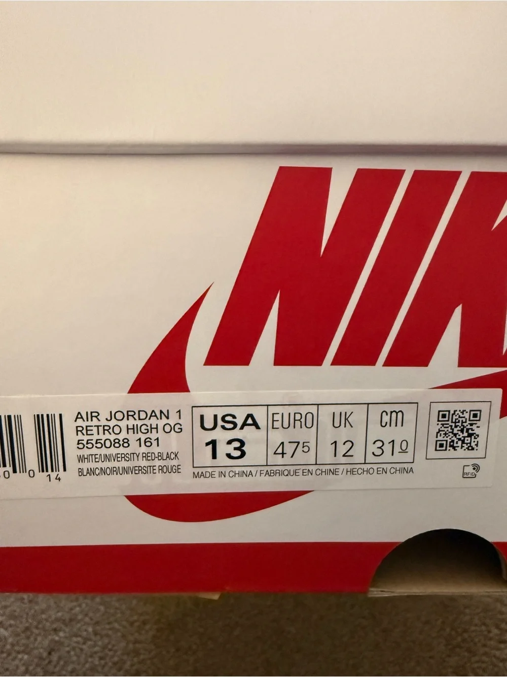 Jordan• 1 Retro High OG in White, University Red, Black